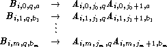   Bi,0,q,a  -->   Ai,0,j0,qAi,0,j0+1,a
 Bi,1,q,b1  -->   Ai,1,j1,qAi,1,j1+1,b1
          ...
Bi,m,q,bm   -->   Ai,m,jm,qAi,m,jm+1,bm