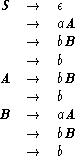  S   -->  e
    -->  aA
    -->  bB
    -->  b
A   -->  bB
    -->  b
B   -->  aA
    -->  bB
    -->  b