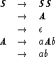   S  -->   SS
    -->   A
    -->   e
A   -->   aAb
    -->   ab