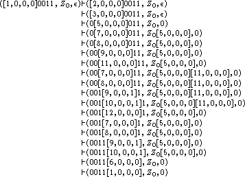  ([1,0,0,0]0011,Z0,e) |- ([2,0,0,0]0011,Z0,e)
                |- ([3,0,0,0]0011,Z0,e)
                |- (0[5,0,0,0]011,Z0,0)
                |-  |- (0(0[[78,0,0,,00,0,0]]010111,,ZZ0[5[5,,0,0,00,,0]0],,0)0)
                |- (00[9,0,0,0]11,Z00[5,0,0,0],0)
                |- (00[11,0,0,0]11,Z0[5,0,0,0],0)
                |- (00[7,0,0,0]11,Z0[5,0,0,0][11,0,0,0],0)
                |-  |- (0(000[18,[90,,00,,00,]111]1,,ZZ0[5[5,,0,0,00,,0]0][1[111,,00,0,0,,00],],00))
                |- (001[10,0,0,1]1,0Z0[5,0,0,0][11,0,0,0],0)
                |- (001[12,0,0,0]1,Z0[5,0,0,0],0)
                |- (001[7,0,0,0]1,Z0[5,0,0,0],0)
                |-  |- (0(00011[81,[90,,00,,00,]11,],ZZ0[5[5,,0,0,00,,0]0],,0)0)
                |- (0011[10,0,0,1],0Z0[5,0,0,0],0)
                |- (0011[6,0,0,0],Z0,0)
                |- (0011[1,0,0,0],Z0,0)