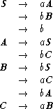   S  -->   aA
    -->   bB
    -->   b
 A  -->   aS
    -->   bC
B   -->   bS
    -->   aC
    -->   bA
C   -->   aB